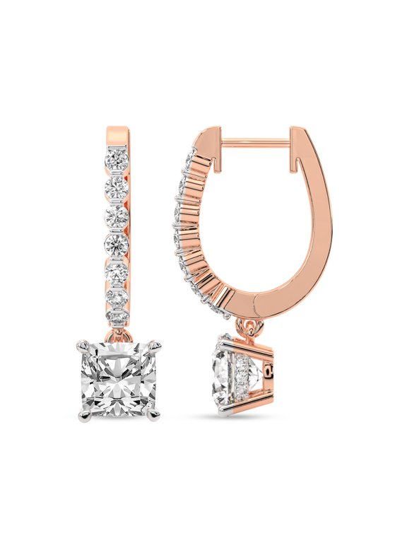 Diamond Dangle Earring | 6 Carat IGI Certified Cushion Shape Lab Grown Diamond Dangle | 14K in Rose Gold | Elara Dangling Lab Diamond Earrings | FG-VS1-VS2 Quality | Friendly Diamonds