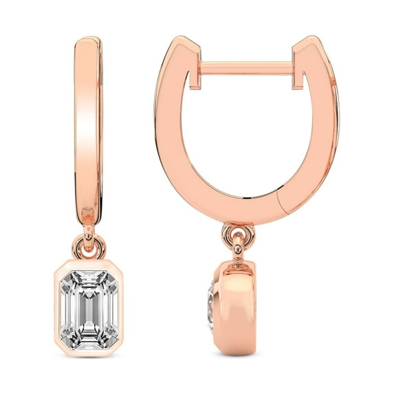 Diamond Dangle Earring | 6 Carat IGI Certified Emerald Shape Lab Grown Diamond Dangle | 14K in Rose Gold | Zuri Bezel Lab Diamond Earrings | Bezel Setting | FG-VS1-VS2 Quality | Friendly Diamonds