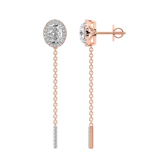 Diamond Dangle Earring | 6 Carat IGI Certified Oval Shape Lab Grown Diamond Dangle | 14K in Rose Gold | Ivalyn Halo Lab Diamond Earrings | FG-VS1-VS2 Quality | Friendly Diamonds