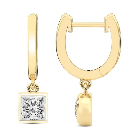 Diamond Dangle Earring | 6 Carat IGI Certified Princess Shape Lab Grown Diamond Dangle | 14K in Yellow Gold | Zuri Bezel Lab Diamond Earrings | Bezel Setting | FG-VS1-VS2 Quality | Friendly Diamonds