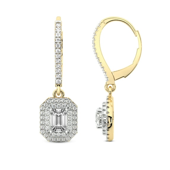 Diamond Dangle Earring| 6 Ct IGI Certified Emerald Shape Lab Grown Diamond Dangle | 14K Yellow Gold | Freyde Double Halo Lab Diamond Earring| Prong Setting | FG-VS1-VS2 Quality | Friendly Diamonds