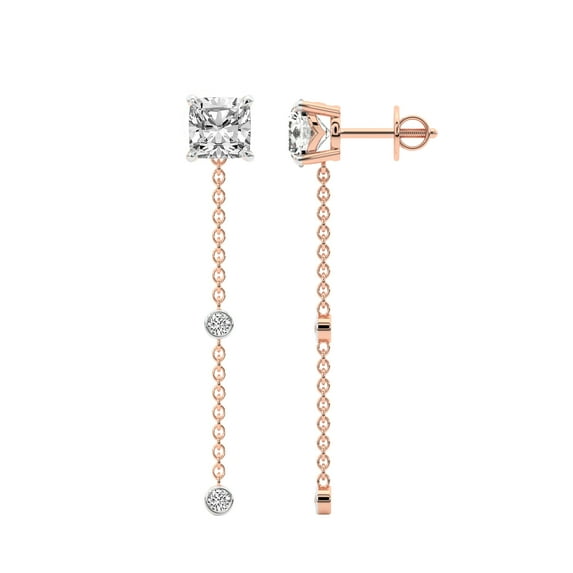 Diamond Dangle Earring | 8 Carat IGI Certified Cushion Shape Lab Grown Diamond Earrings | 18K in Rose Gold | Mirielle Station Lab Diamond Earrings | FG-VS1-VS2 Quality | Friendly Diamonds