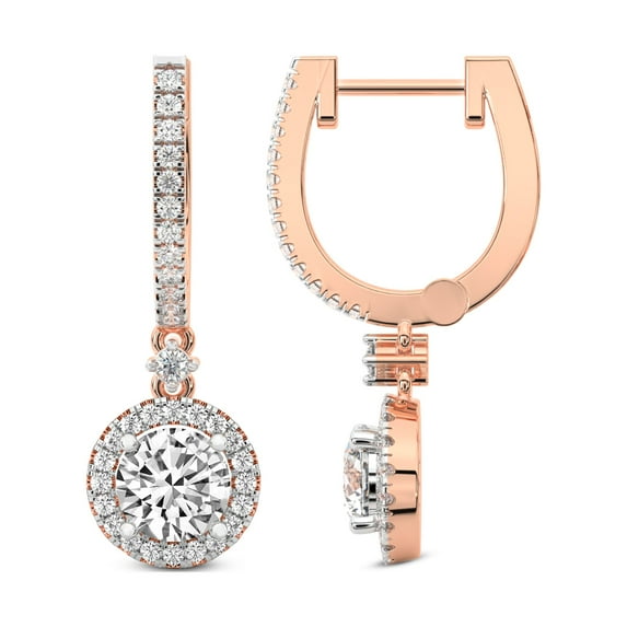 Diamond Dangle Earring | 8 Carat IGI Certified Round Shape Lab Grown Diamond Dangle | 14K in Rose Gold | Lyra Halo Lab Diamond Earrings | Prong Setting | FG-VS1-VS2 Quality | Friendly Diamonds