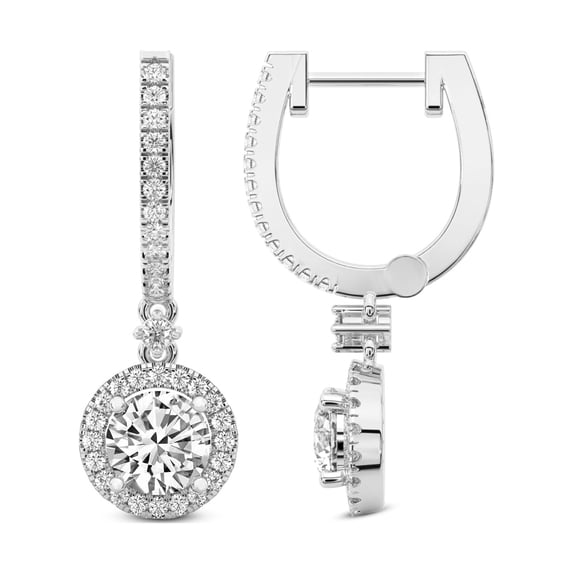 Diamond Dangle Earring | 8 Carat IGI Certified Round Shape Lab Grown Diamond Dangle | 14K in White Gold | Lyra Halo Lab Diamond Earrings | Prong Setting | FG-VS1-VS2 Quality | Friendly Diamonds