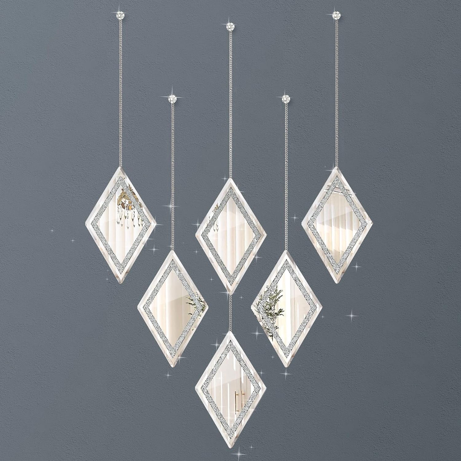 Diamond Decorative Wall Mirror, Set of 6, Wall Mounted Hanging Chain