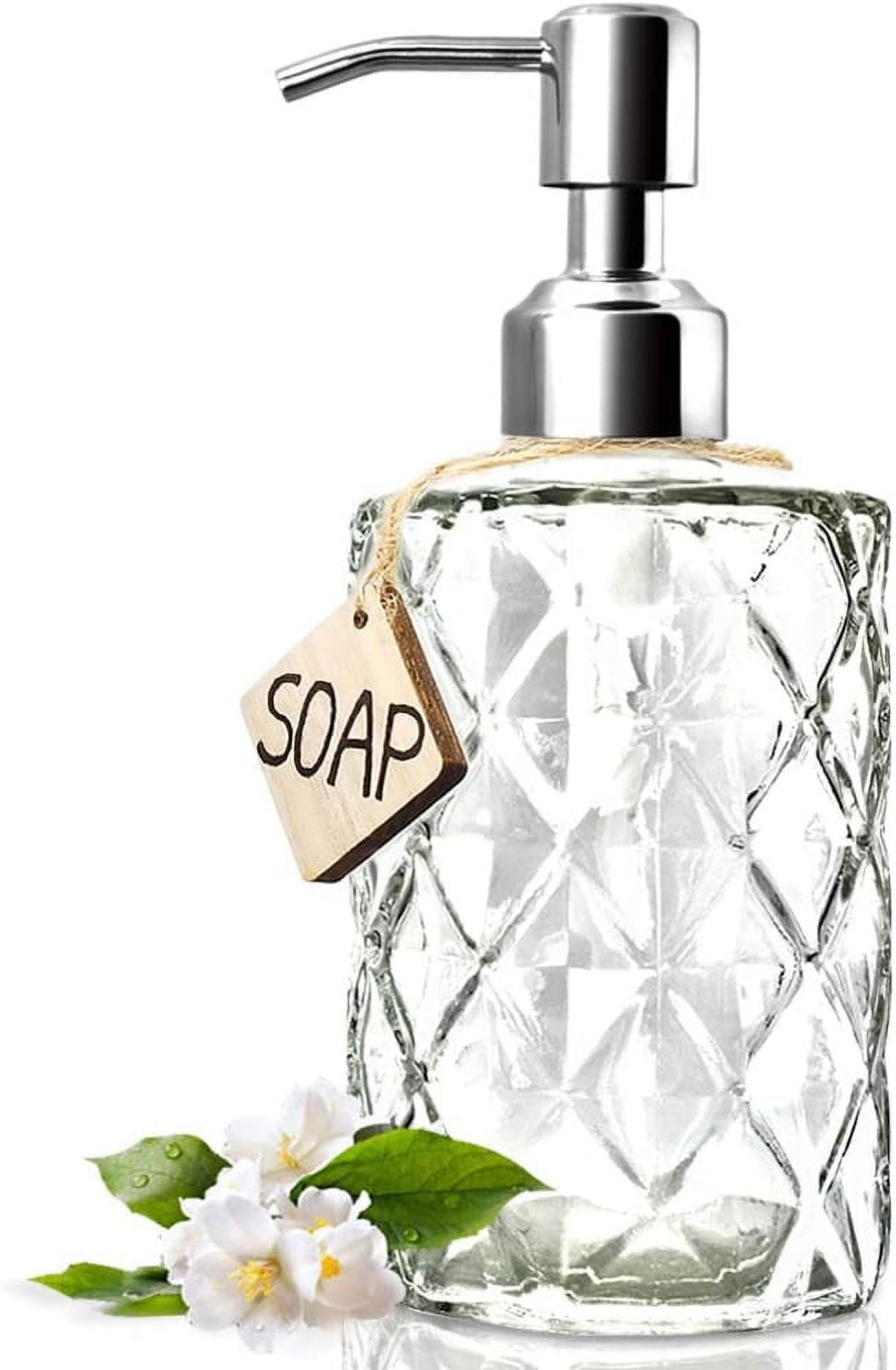 Diamond Design 12 Oz Glass Soap Dispenser, Kitchen soap Dispenser with 304 Rust Proof Stainless Steel Pump, Bathroom for Hand Soap, Lotion(Clear).