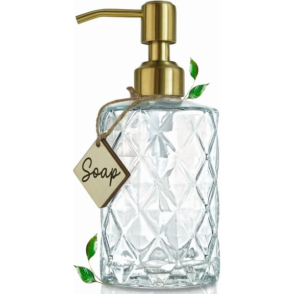 Diamond Design Glass Soap Dispenser with Golden Pump, Refillable Hand soap for Kitchen, Bathroom Soap, soap, Dish Lotion.