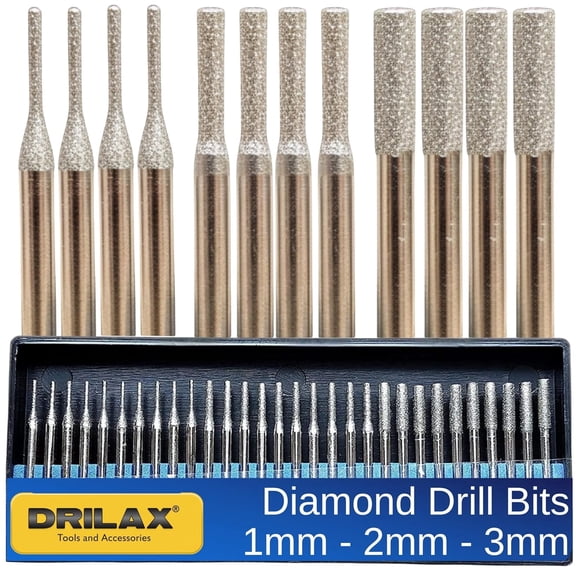 DRILAX Diamond Drill Bit Cylindrical Burr Set 30 Piece 1mm 2mm 3mm