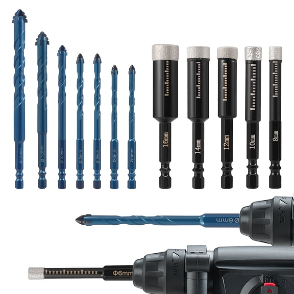 Diamond Drill Bit Set with Serrated Masonry Drill Bit Set 1/4 Inch Hex Shank Diamond Hole Saw 6/8/10/12/14/16mm for Ceramic Tile Glass
