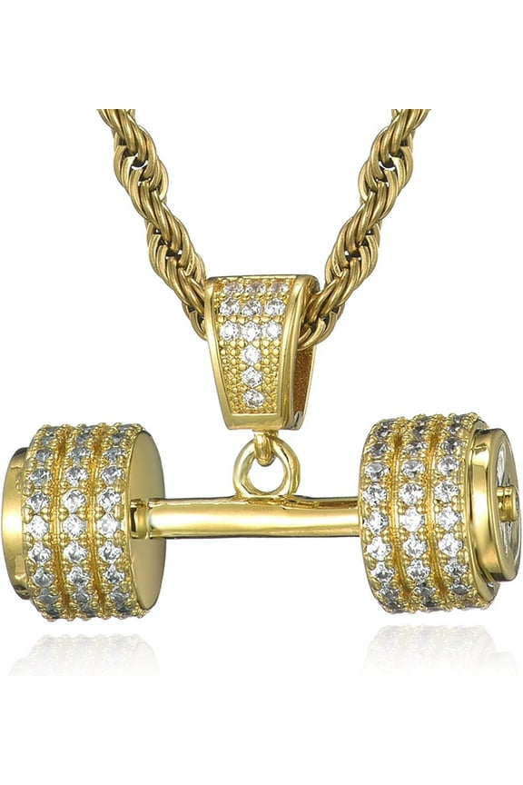 Diamond Dumbbell Necklace Crystal Barbell Pendant Necklace Fitness Gym Weight Lifting Necklace for Men Women(Gold)
