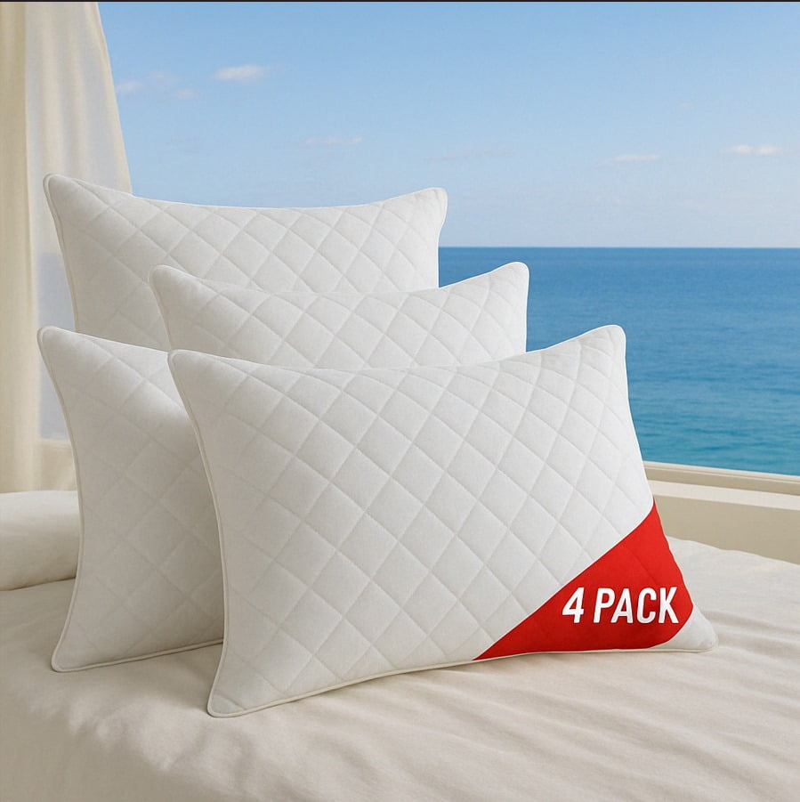 White Diamond Quilted Cotton Bed Pillows, 4-Pack, Plush