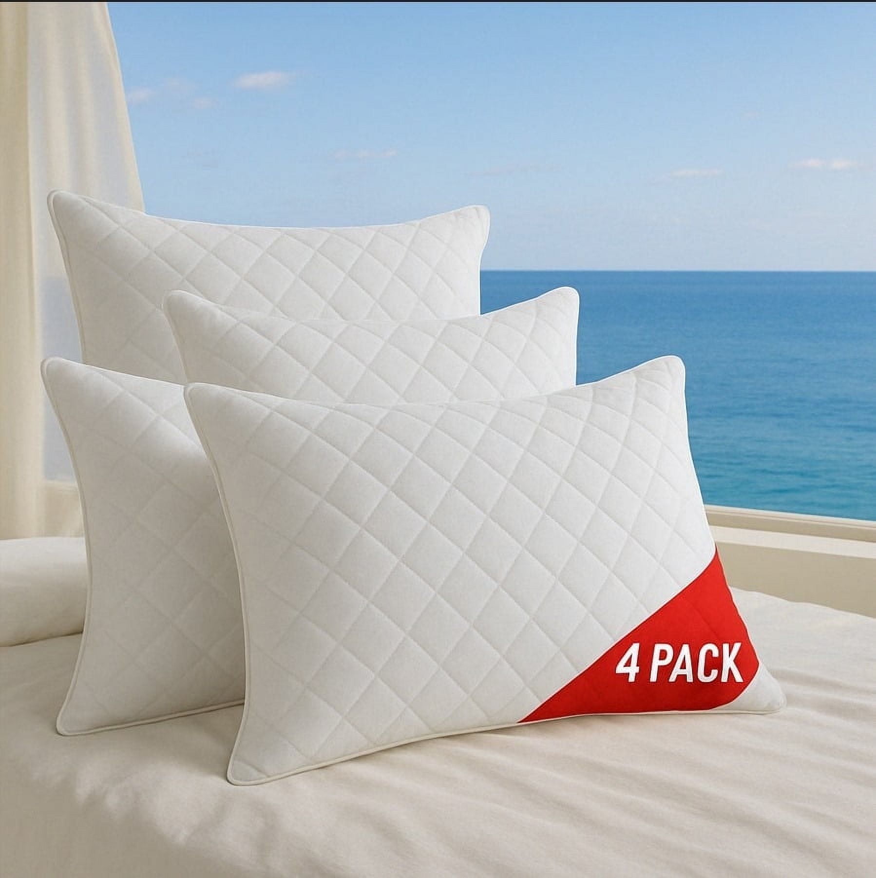 White Diamond Quilted Cotton Bed Pillows, 4-Pack, Plush