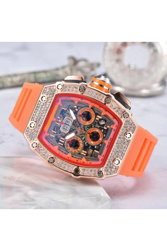 Diamond-Embedded Business Men's Table Fashion Barrel-Shaped Six-Pin Quartz Watch