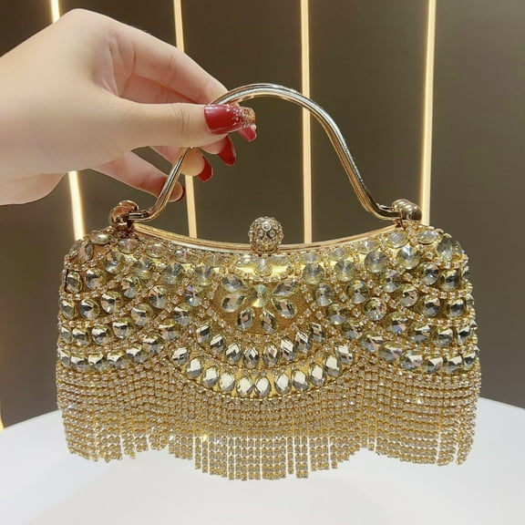 Diamond Embedded Tassel Clutch Bag Wedding Birthday Evening Shoulder Handbag Pillow Shape Lock Buckle ,Gold