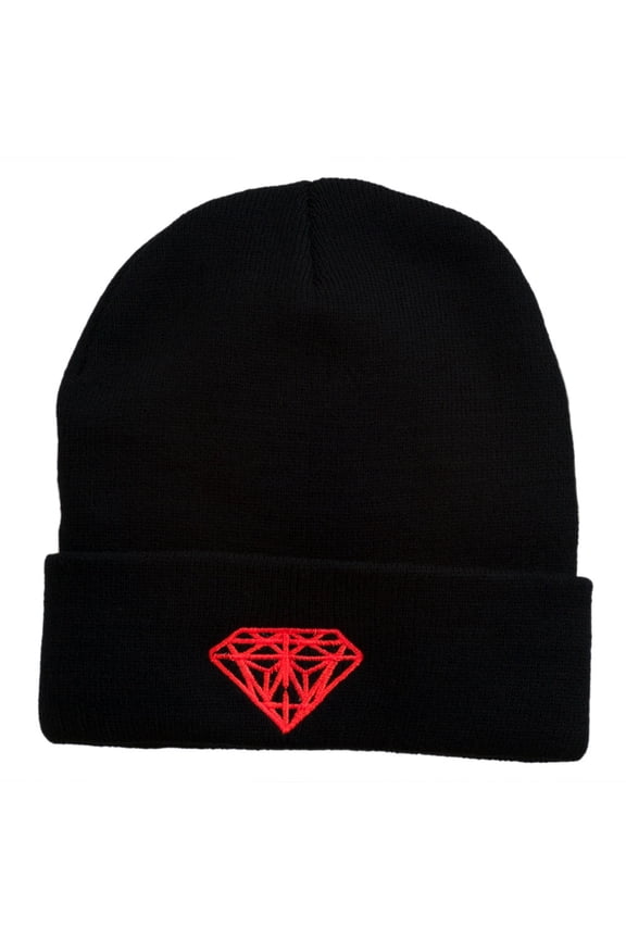 Diamond Embroidered Cuff Long Black Beanie - Neon Orange OSFM