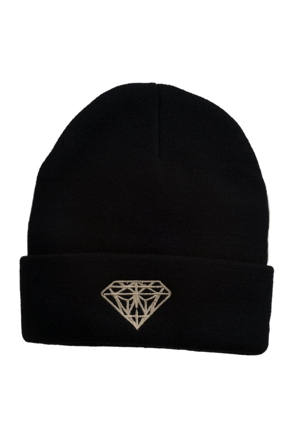 Diamond Embroidered Cuff Long Black Beanie - Tan OSFM