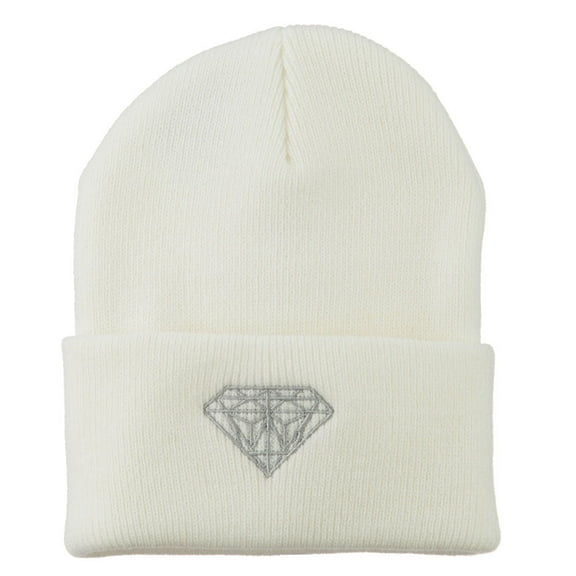 Diamond Embroidered Long Beanie - White OSFM