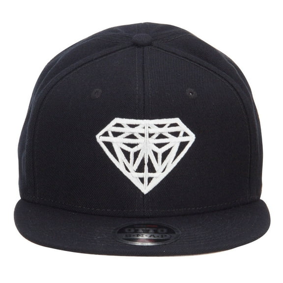 Diamond Embroidered Wool Flat Snapback Cap - Black OSFM