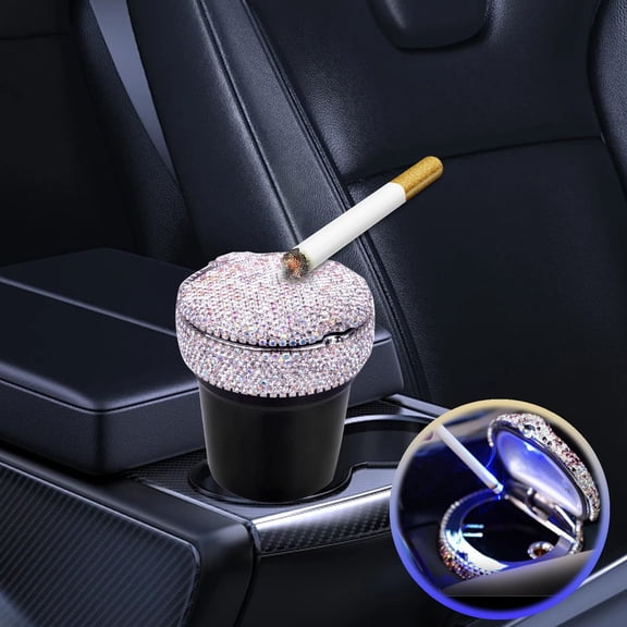Diamond Encrusted Car Ashtray Built In LED Light Odor Isolation Cup Holder Compatible Multipurpose Universal Vehicle Interior Smoking Supply