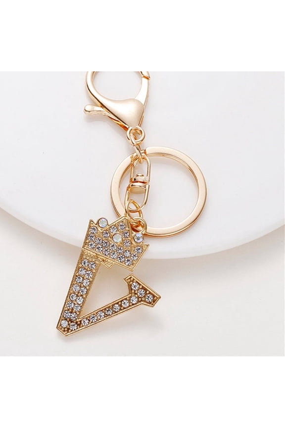 Diamond-Encrusted Metal Initial Letter A-Z Key Chain: Zinc Alloy Electroplated Crown Alphabet Keychain