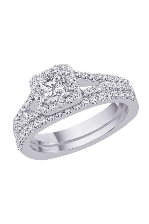 Diamond Engagement Ring with Matching Euro Band with Princess Cut Center in 14K White Gold (1 cttw)