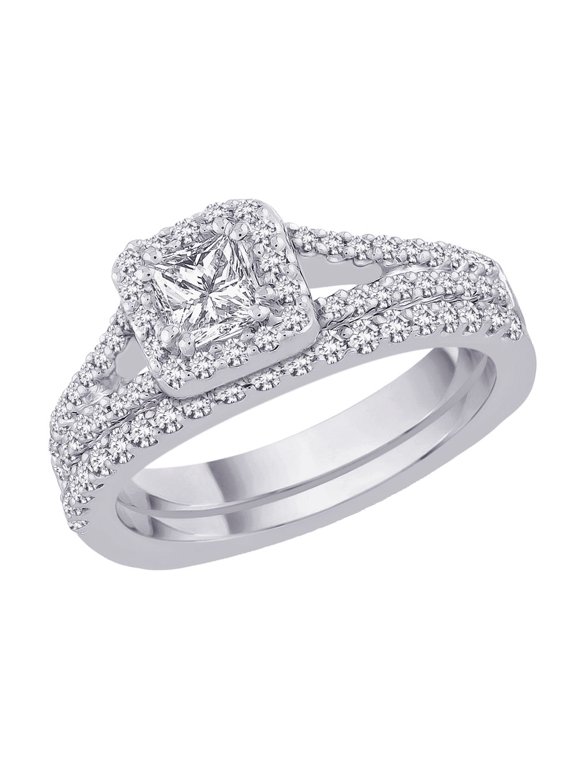 Diamond Engagement Ring with Matching Euro Band with Princess Cut Center in 14K White Gold (1 cttw)