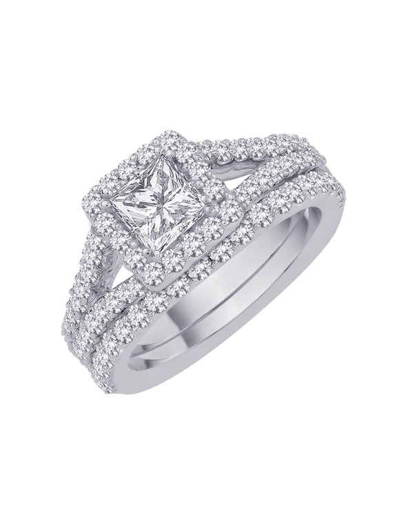Diamond Engagement Ring with Matching Euro Band with Princess Cut Center in 14K White Gold (2 cttw)