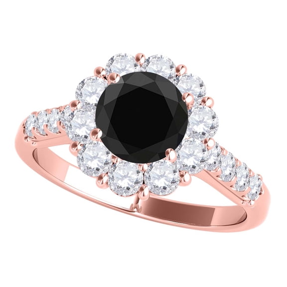 Diamond Engagement Rings For Women 1.50 Carat Natural Black & White Diamond Halo Enagagement Antique Wedding Anniversary Ring For Women In 14K White Rose Yellow Gold