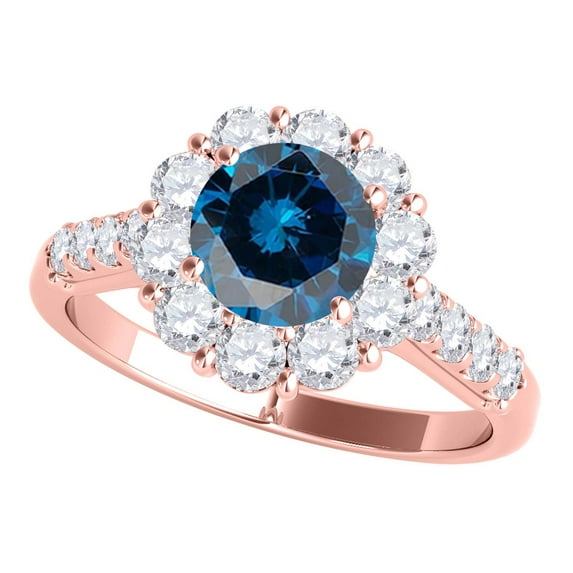 Diamond Engagement Rings For Women 1.50 Carat Natural Blue & White Diamond Halo Enagagement Antique Wedding Anniversary Ring For Women In 14K White Rose Yellow Gold