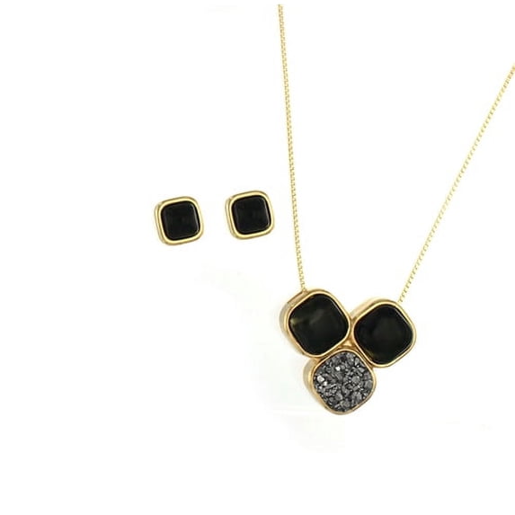 Diamond Essence Black Agate Earring & Pendant in Vermeil bezel setting-VSET397BA