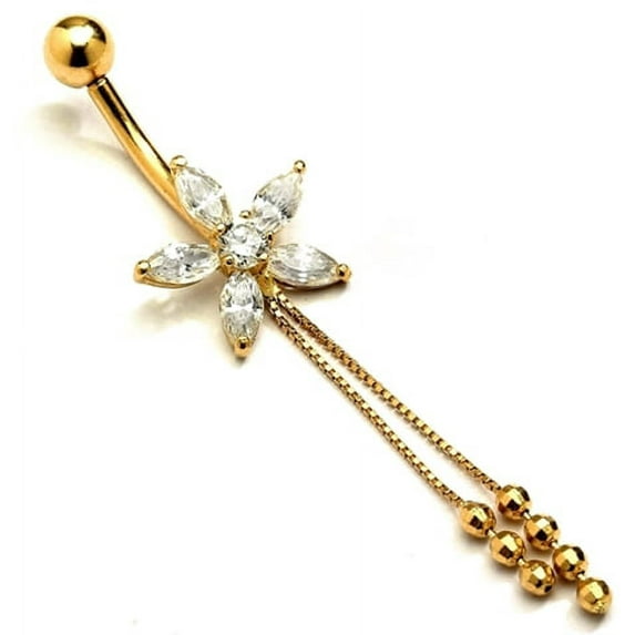 Diamond Essence Designer Belly Button Ring, with Marquise Floral Arrangement And Delicate Gold Hanging Chain - GBJJ6131