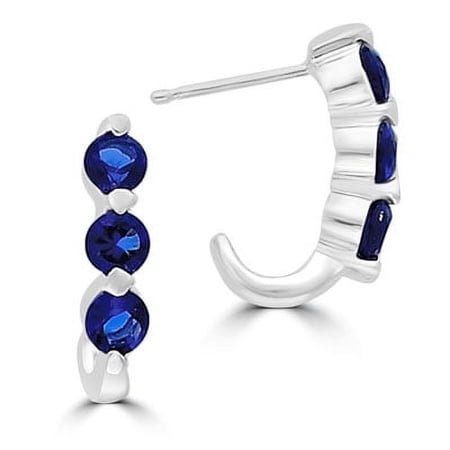 Diamond Essence J-Hoop Earrings with Round cut Sapphire Stones, 1.50 cts.t.w. - SEQ5265