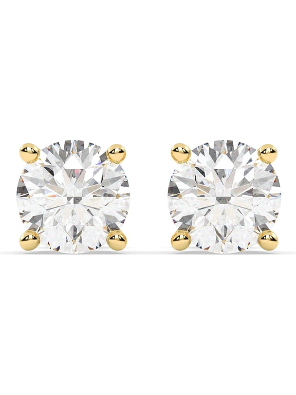 3 CT Round Lab Grown Diamond Solitaire Stud Earrings with Basket Setting Screwbacks (D-F, VS1-VS2), Yellow Gold