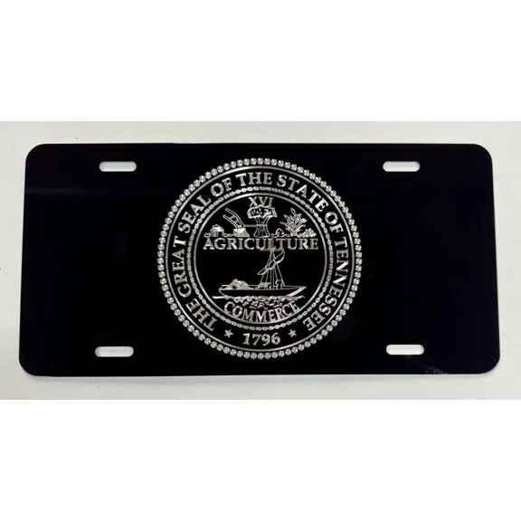 Diamond Etched TN Tennessee State Seal Flag Car Tag Black Front License Plate