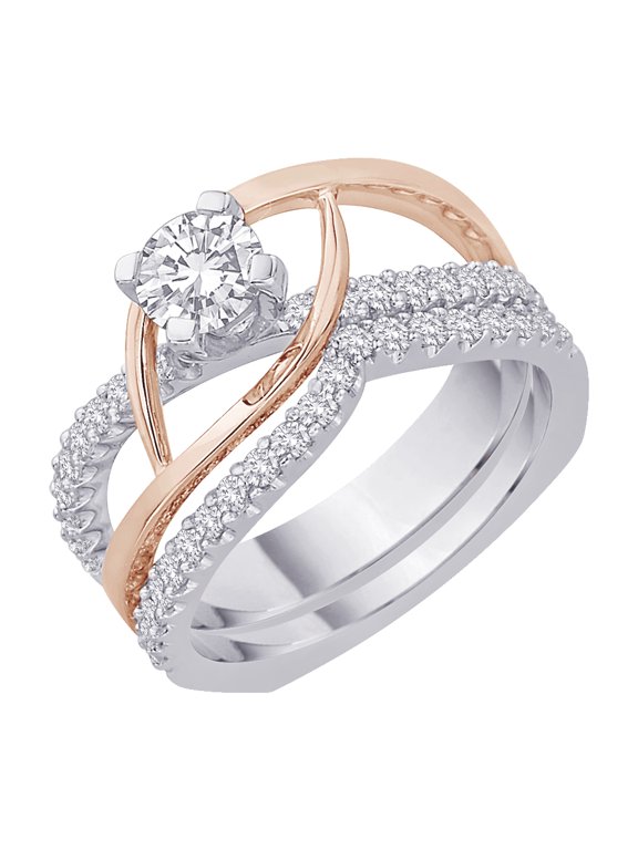 Diamond Euro Shank Bridal Engagement Ring with Matching Band in 14K Two Tone Gold (1 cttw)