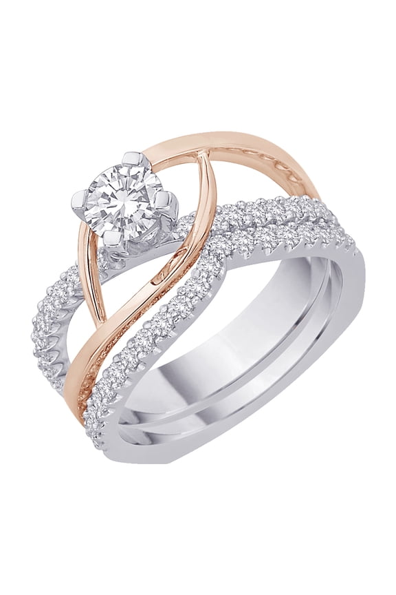 Diamond Euro Shank Bridal Engagement Ring with Matching Band in 14K Two Tone Gold (1 cttw)