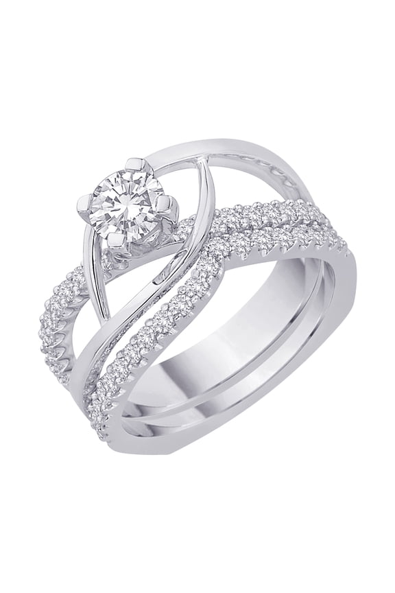 Diamond Euro Shank Bridal Engagement Ring with Matching Band in 14K White Gold (1 cttw)