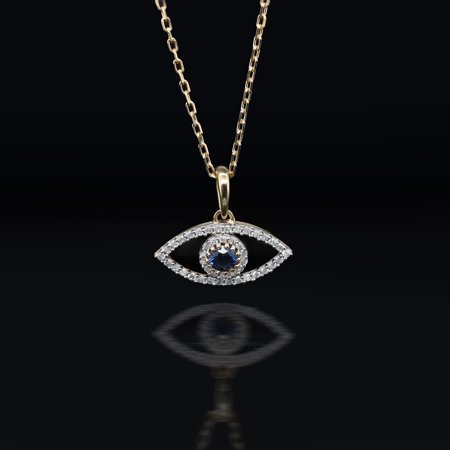 Diamond Evil Eye Protection Penadnt - Round Cut Natural Diamond in 18K Yellow Gold Plated with 18 inch Cable Chain ( 0.19 Carat, I-J Color, I2-I3 Clarity)