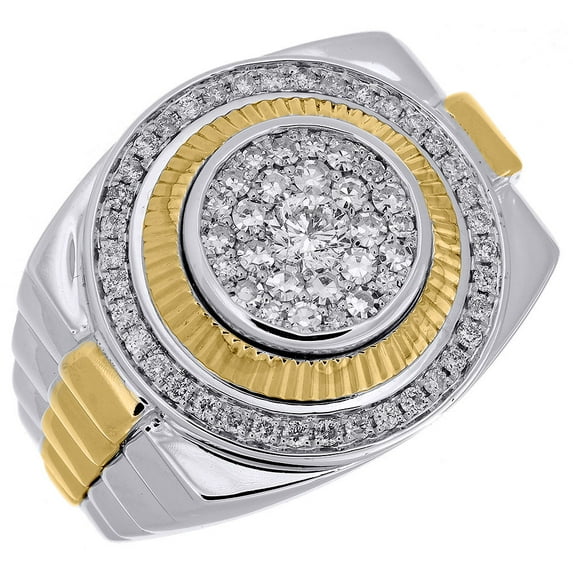 Diamond Fashion Pinky Ring Mens 10K Two Tone Gold Fluted Bezel Round Cut 1.06 Ct