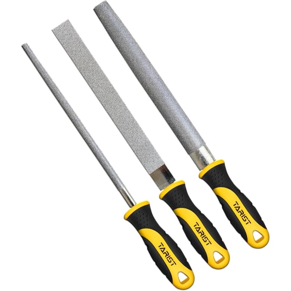 Diamond File Set, 3-Piece, 8-inch, Includes Flat/Half-Round/Round. For Sharpening Lawn Mower Blades, Garden Shears, Axe, Knife - Tool Sharpener for Metal, Tile, Ceramic, Glass, Stone and more