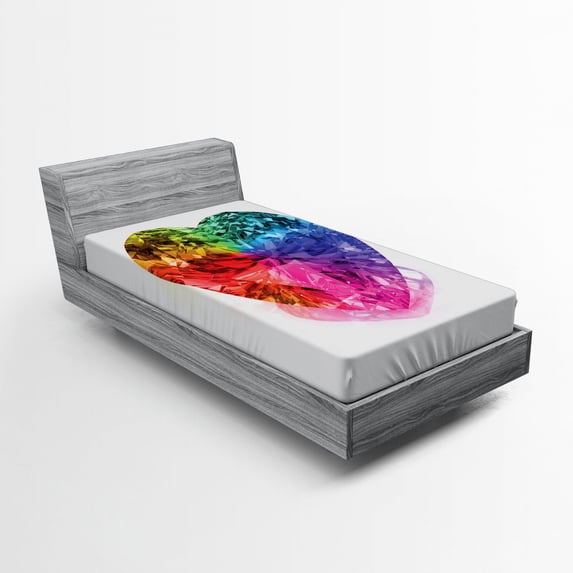 Diamond Fitted Sheet, Heart Shape Colorful Diamond Love is Precious Romance Marriage Couples Print, Soft Decorative Fabric Bedding, Twin Size, Multicolor, by Ambesonne