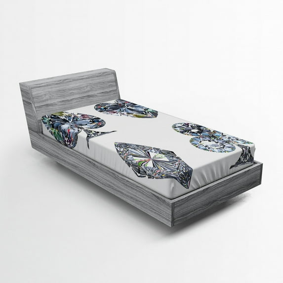 Diamond Fitted Sheet, Playing Cards Diamonds Hearts Clubs Spades Casino Theme Charm Art Graphic Design, Soft Decorative Fabric Bedding, Twin Size, White Grey, by Ambesonne