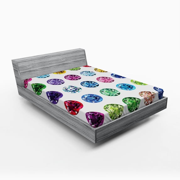Diamond Fitted Sheet, Round Oval Gems Diamonds Emerald Supreme Sublime Worth World Design Girls Print, Soft Decorative Fabric Bedding, Full Size, Multicolor, by Ambesonne
