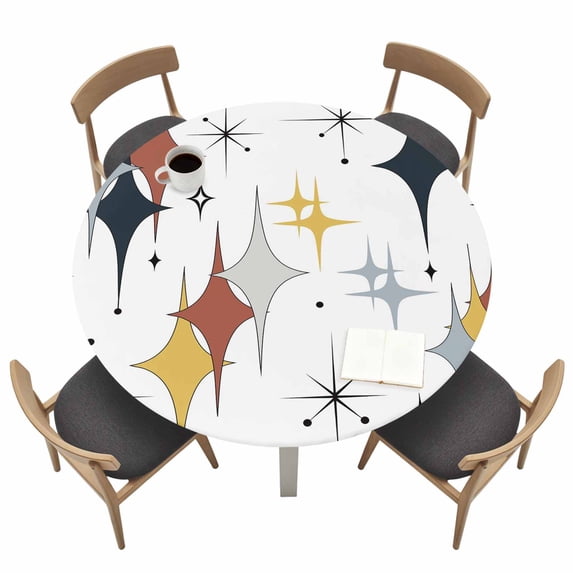 Diamond Fitted Tablecloth with Elastic Edged, Round Table Cloth for Dining Table, Modern Geometric Middle Century Grey Yellow Red Waterproof Oil Proof Table Cover for Indoor Outdoor 55"-60"