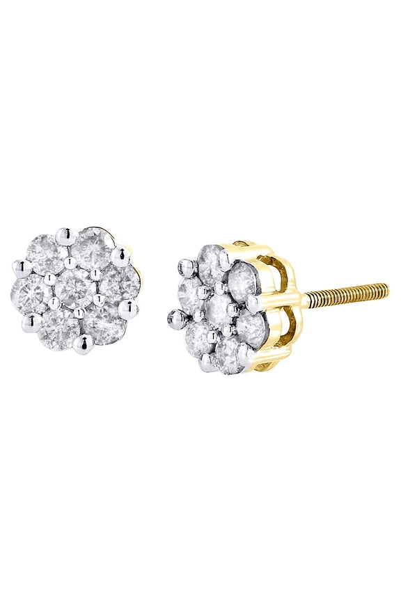 Diamond Flower Earrings 14K Yellow Gold Round Cut Pave Design Studs 3/4 Tcw.