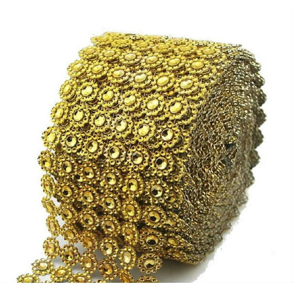 Diamond Flower Shape Mesh Wrap Roll Faux Rhinestone Crystal Ribbon 4" x 10 Yards (30 ft) (Gold)