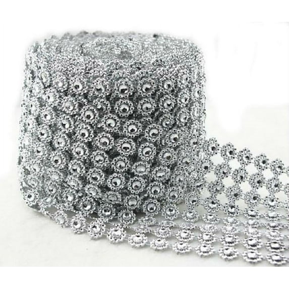 Diamond Flower Shape Mesh Wrap Roll Faux Rhinestone Crystal Ribbon 4" x 10 Yards (30 ft) (Silver)
