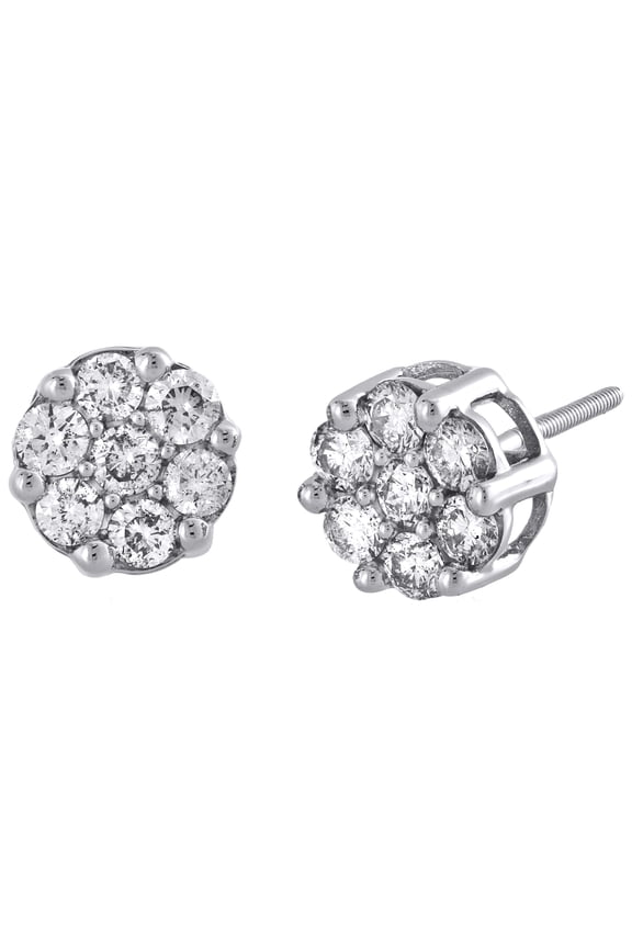 Diamond Flower Stud Earrings 14K White Gold Round Cut Pave Design 1.05 Tcw