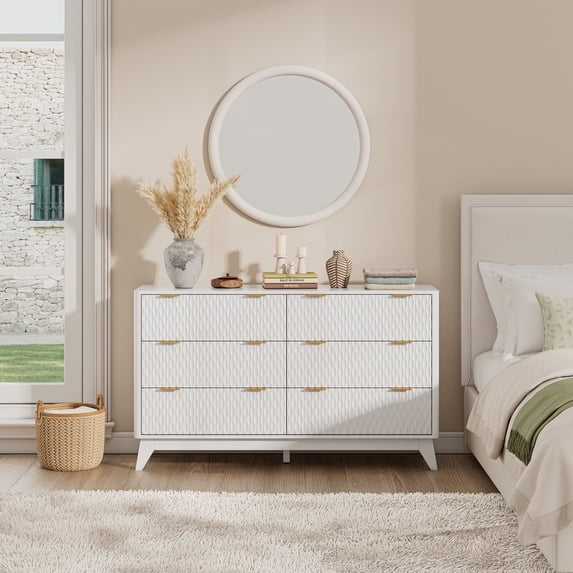 Diamond-Fluted 6 Drawer Dresser with Power Outlets, Living Room, Entryway, White