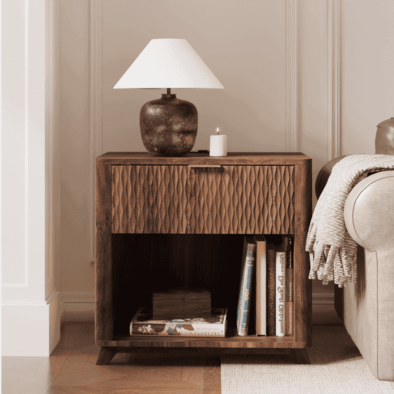 Fluted Nightstand with Charging Station and Drawer Set 2, End Table Bedside Table for Bedroom, Living Room
